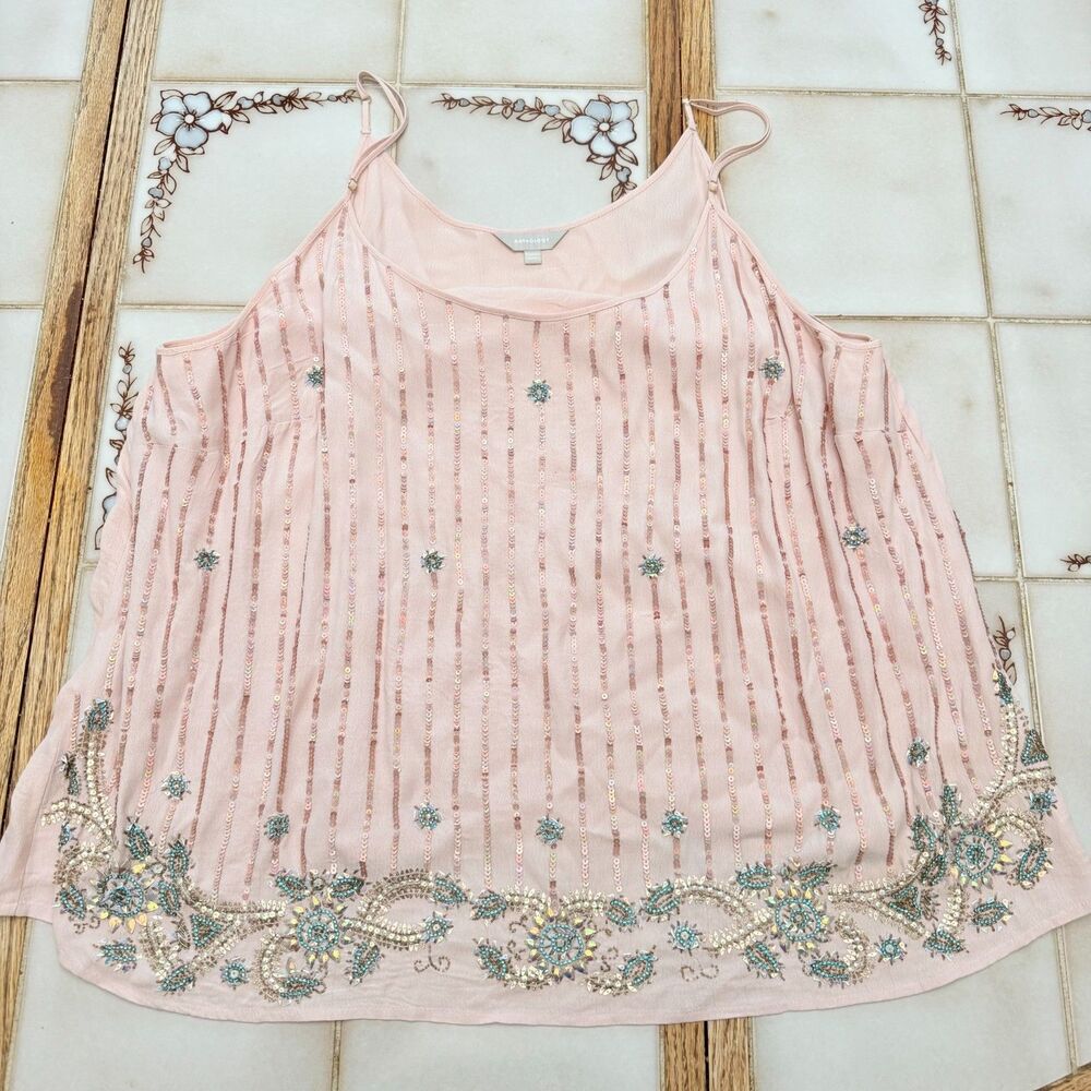 Anthology Pink Camisole Top Beaded Sequin Paisley Boho Tank Cami NYE Size 18